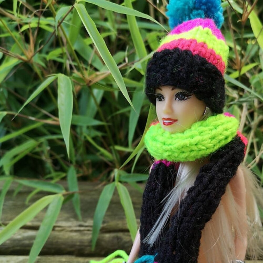Handmade Neon Knit Stripes Skinny Doll Pompom hat and scarf with fringes